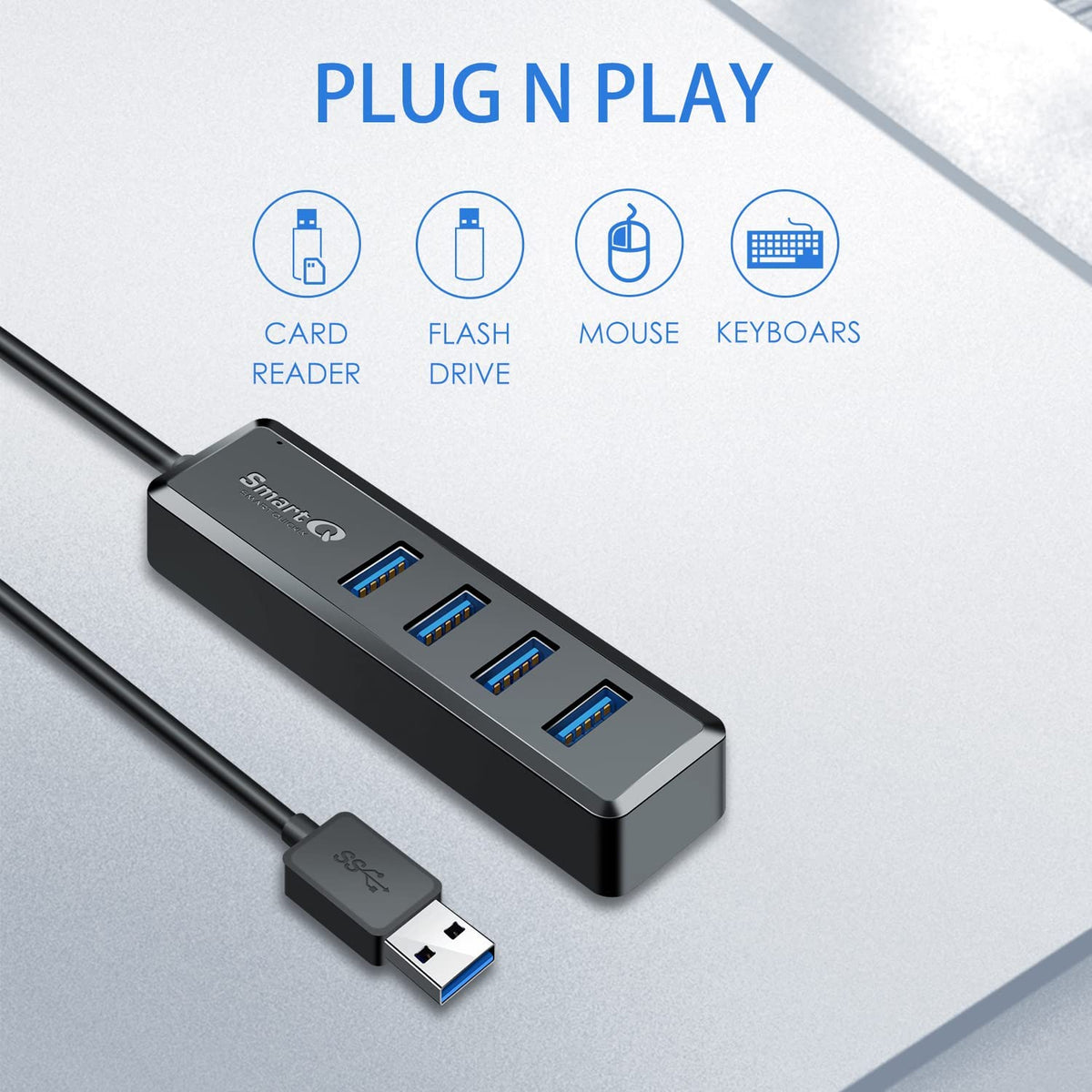 USB Hub 4 Port, USB 3.0 Splitter and Expander with 2Ft Cable for PC
